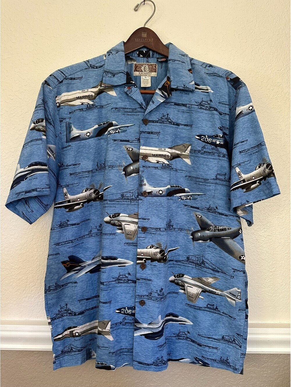 Kalaheo Mens L Hawaiian Shirt Navy Aircraft Carrier Fighter Jets Made Hawaii
